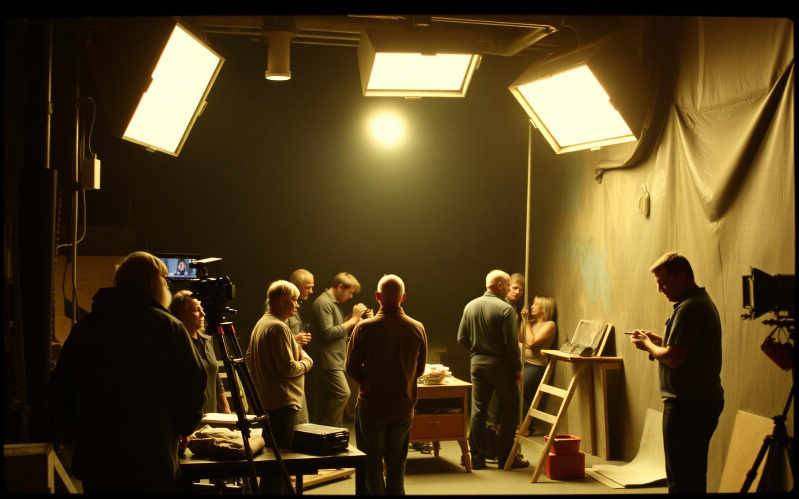 Équipe de production travaillant sur un décor de tournage